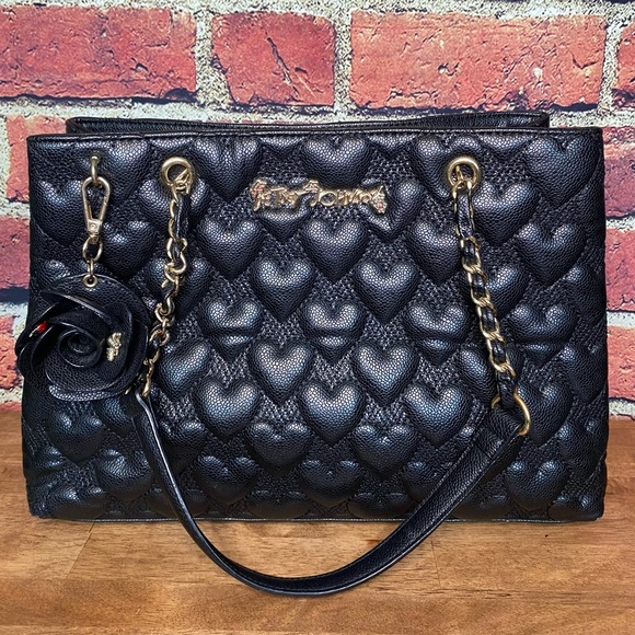 Betsey Johnson Handbags - Betsey Johnson Heart Faux Leather Tote Bag with Gold Accents and Roses Inside
